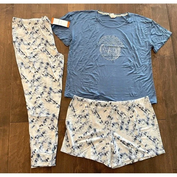 NEW Lucky Brand Women's XXL 3-Pc Pajama Set T-shirt Joggers Shorts Blue Tie Dye - Picture 5 of 14